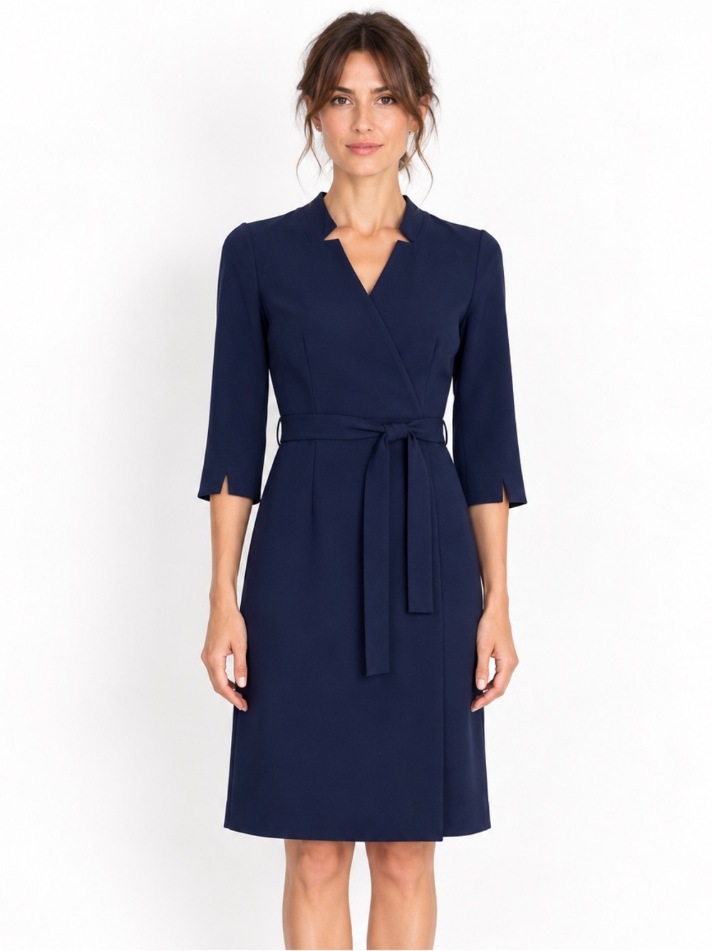 Marella Navy Blue Wrap-Style Belted Dress – 3/4 Sleeve
